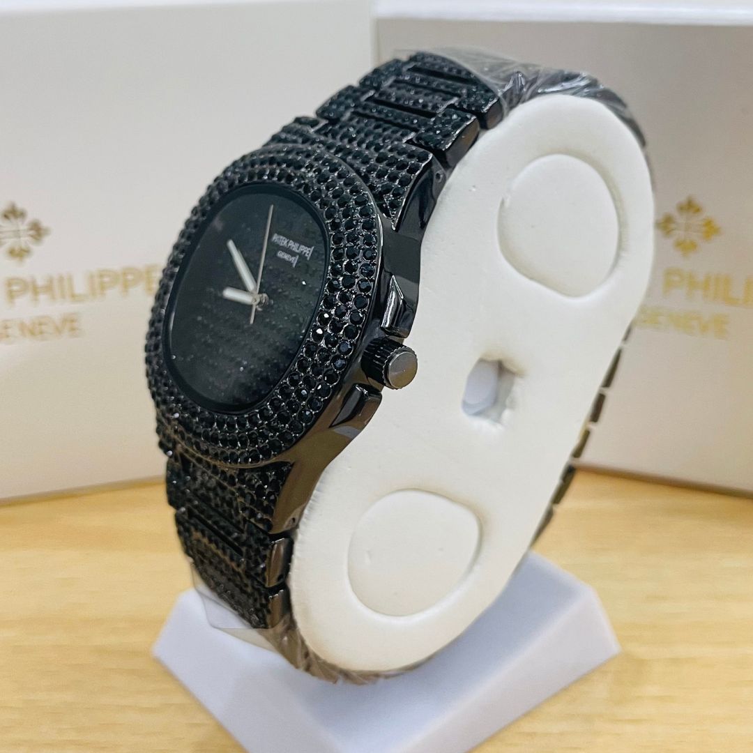 PP Black & Silver Iced Out Stone Watch