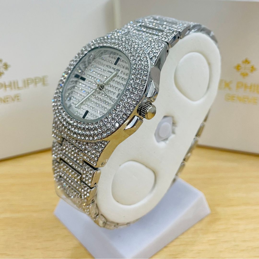 PP Black & Silver Iced Out Stone Watch