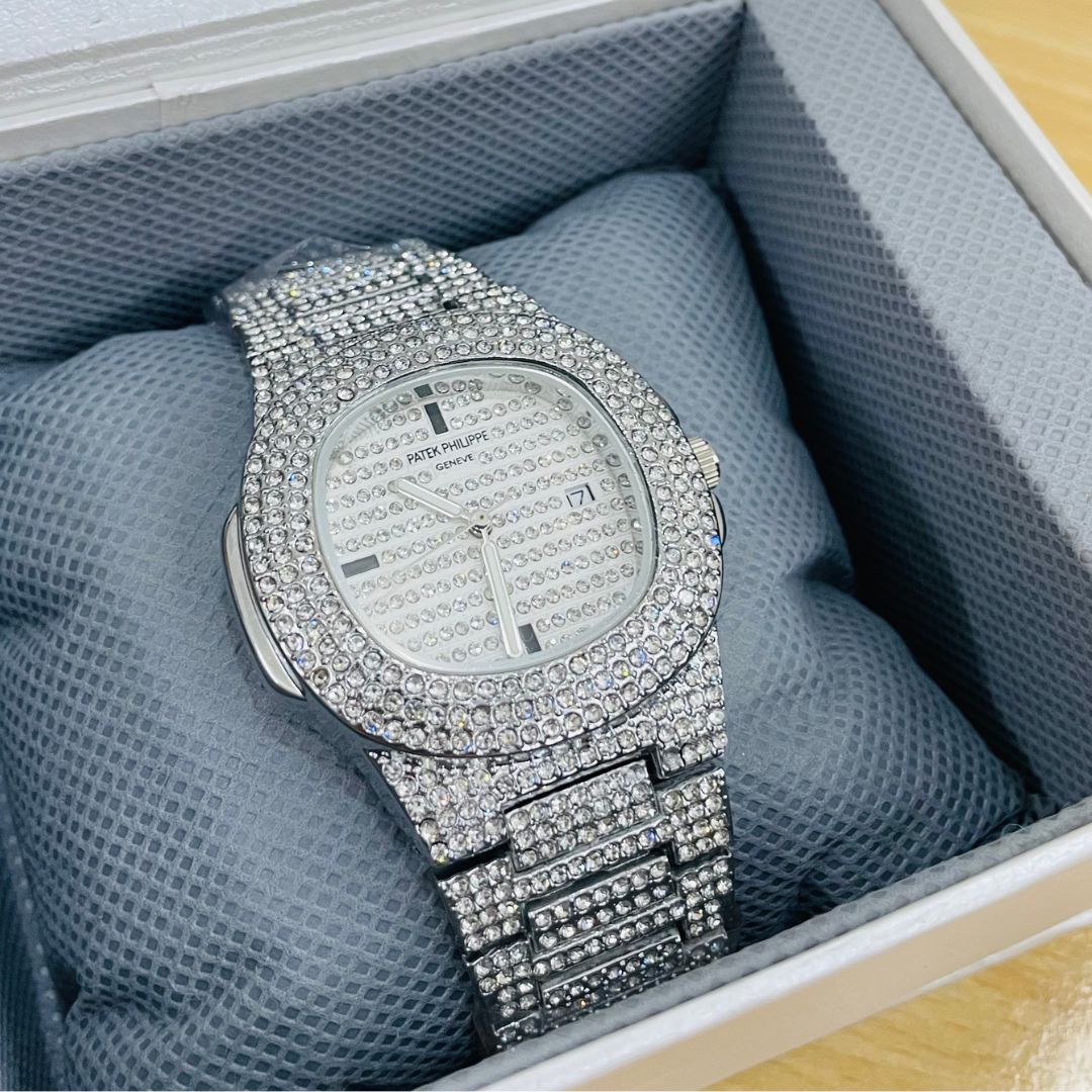 PP Black & Silver Iced Out Stone Watch