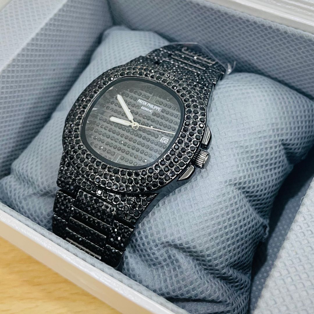 PP Black & Silver Iced Out Stone Watch