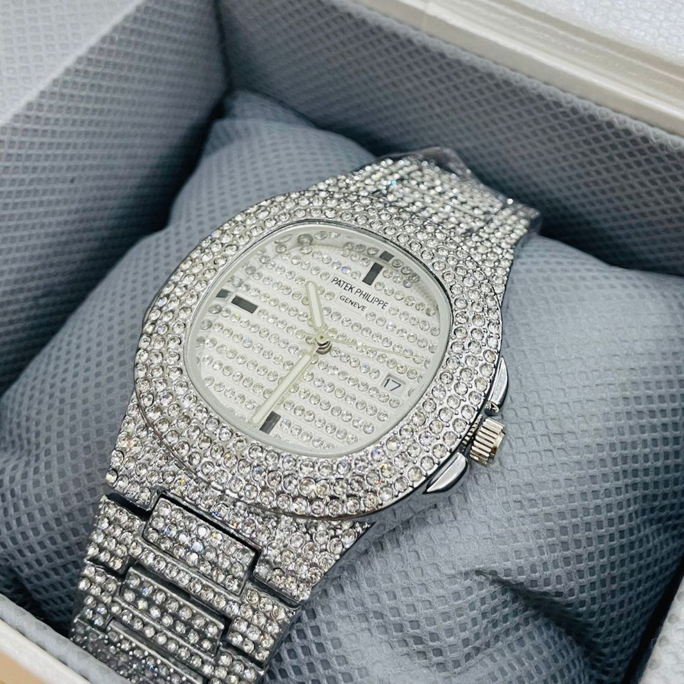PP Black & Silver Iced Out Stone Watch