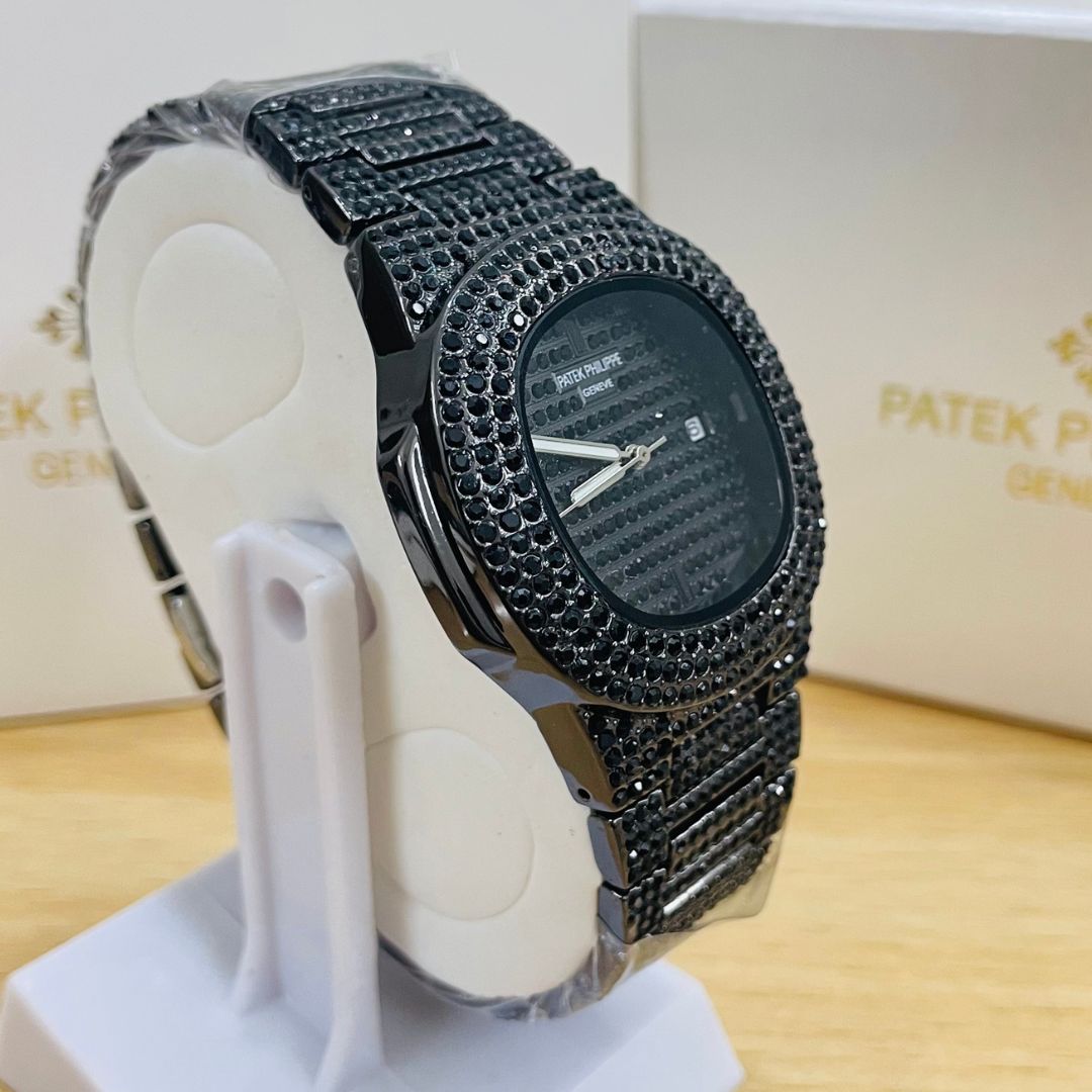 PP Black & Silver Iced Out Stone Watch