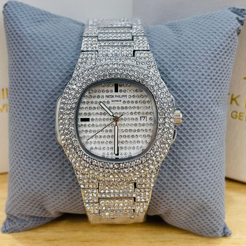 PP Black & Silver Iced Out Stone Watch