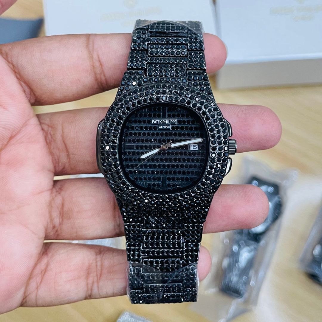 PP Black & Silver Iced Out Stone Watch
