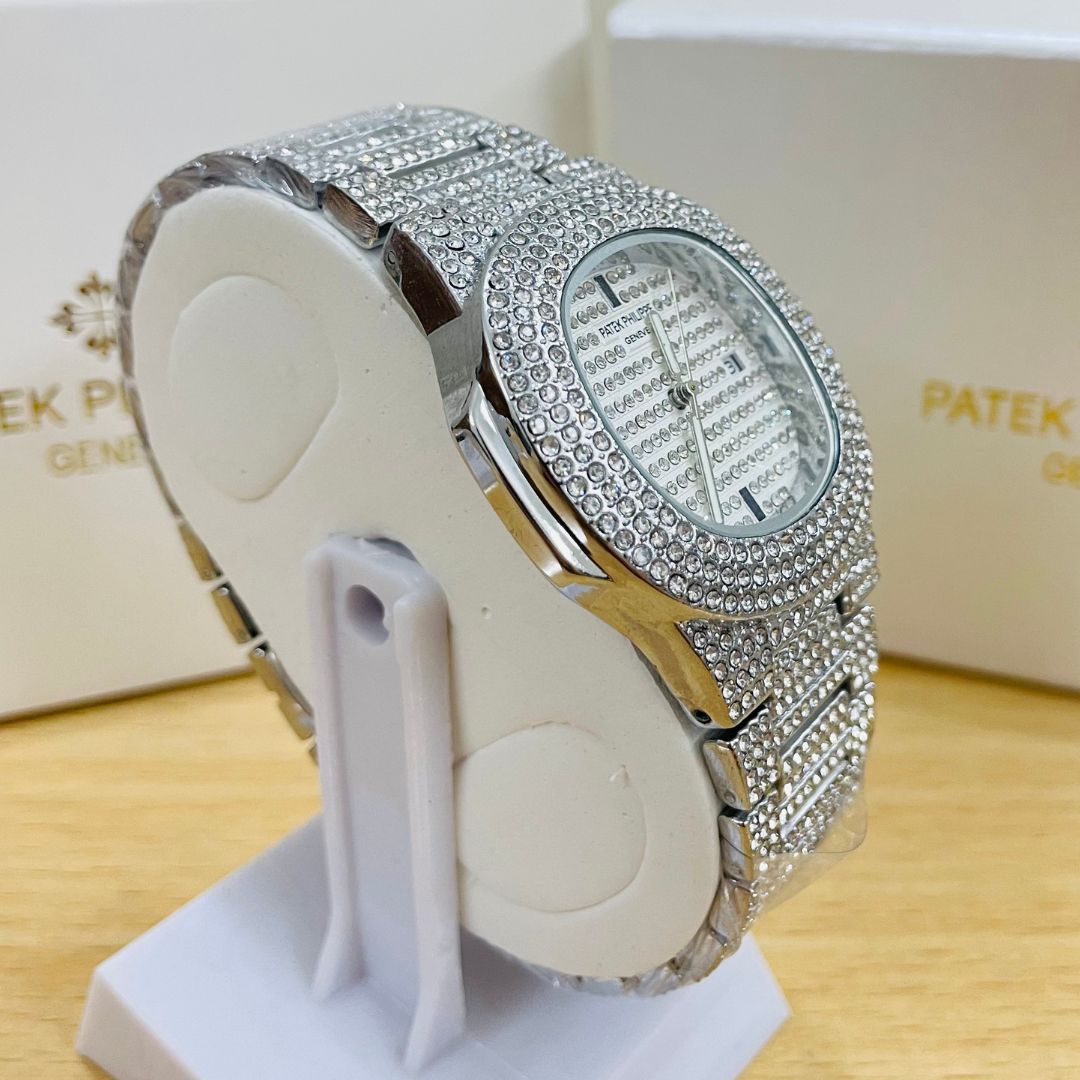 PP Black & Silver Iced Out Stone Watch