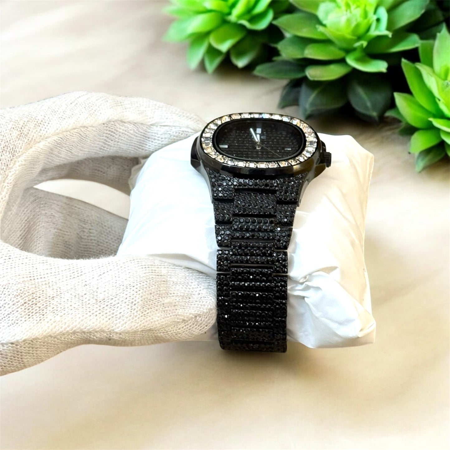 Luxury Iced Out Black Silver Stone Watch