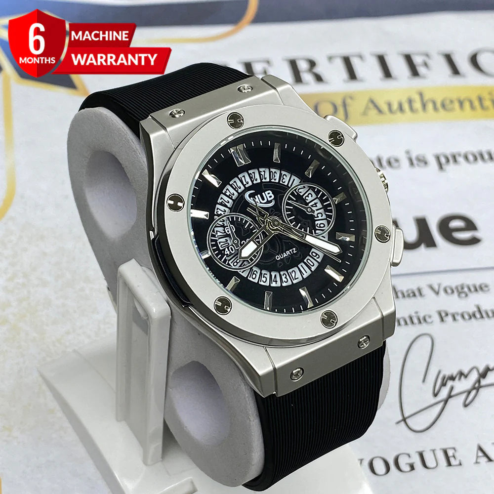 Black Silver Hub Silicone Strap Watch