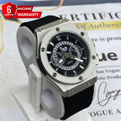 Black Silver Hub Silicone Strap Watch