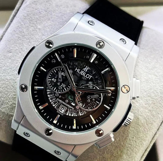 Black Silver Hub Silicone Strap Watch