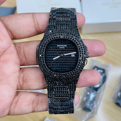 PP Black & Silver Iced Out Stone Watch